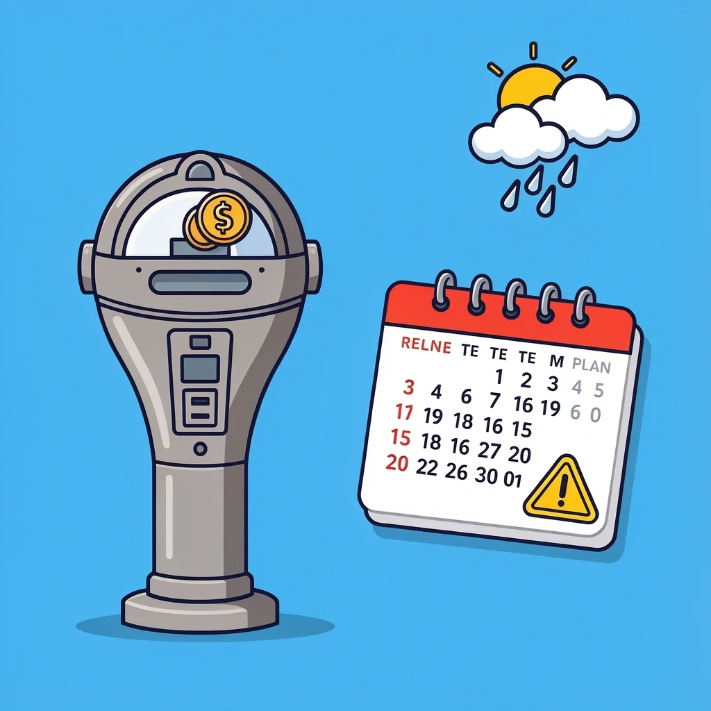 Denver Date Night Logistics Illustration A person dealing with parking fees, reservation calendar, and weather backup icons