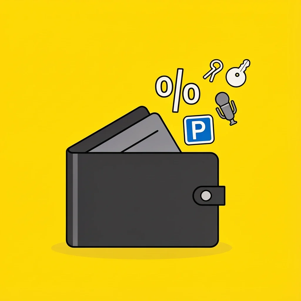 Open wallet with popping icons of percentage, key, parking sign, and microphone representing hidden rehearsal dinner costs.