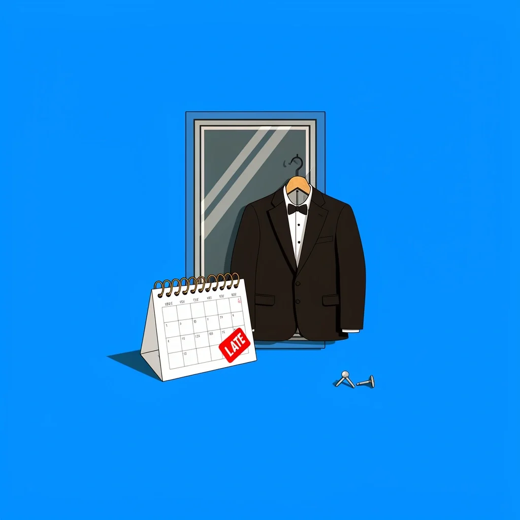 Three Hidden Costs of Tuxedo Rentals Visual metaphors for hidden tuxedo rental costs: late return stamp, lost cufflink, and poor fit reflected in mirror