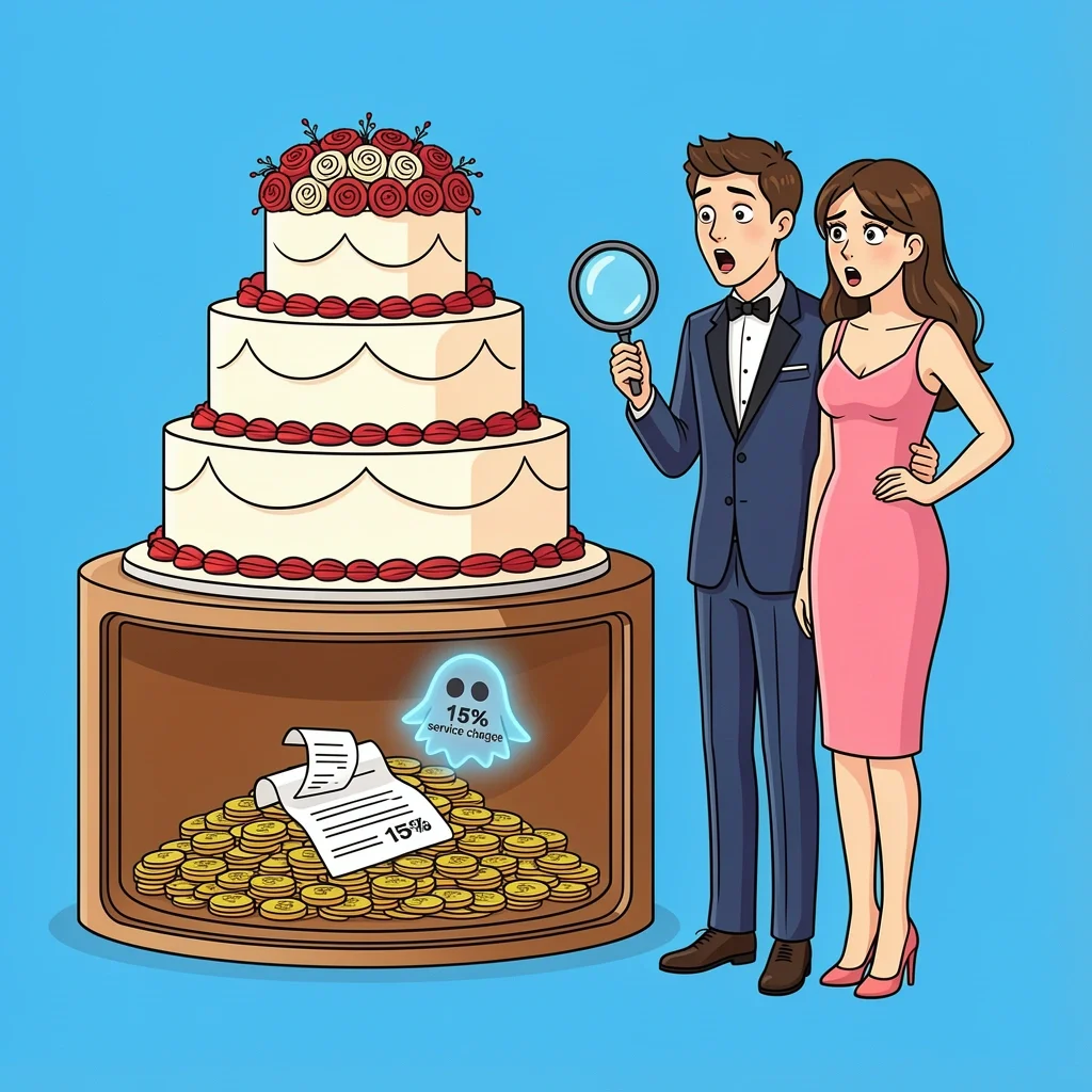 A wedding cake with a hidden trapdoor revealing extra fees, surprising a couple with a magnifying glass