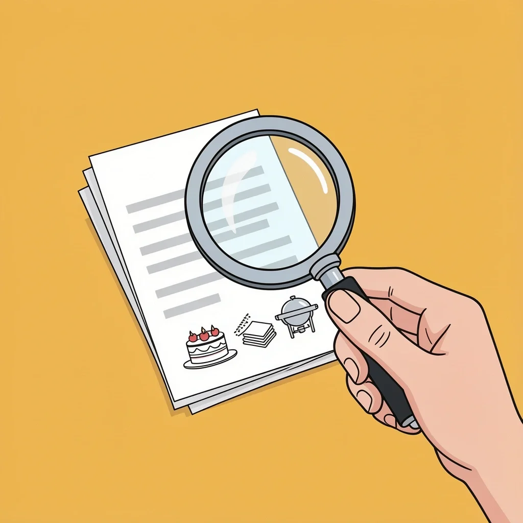 Magnifying glass over receipts and rental invoice showing hidden wedding food costs like cake cutting and corkage fees.