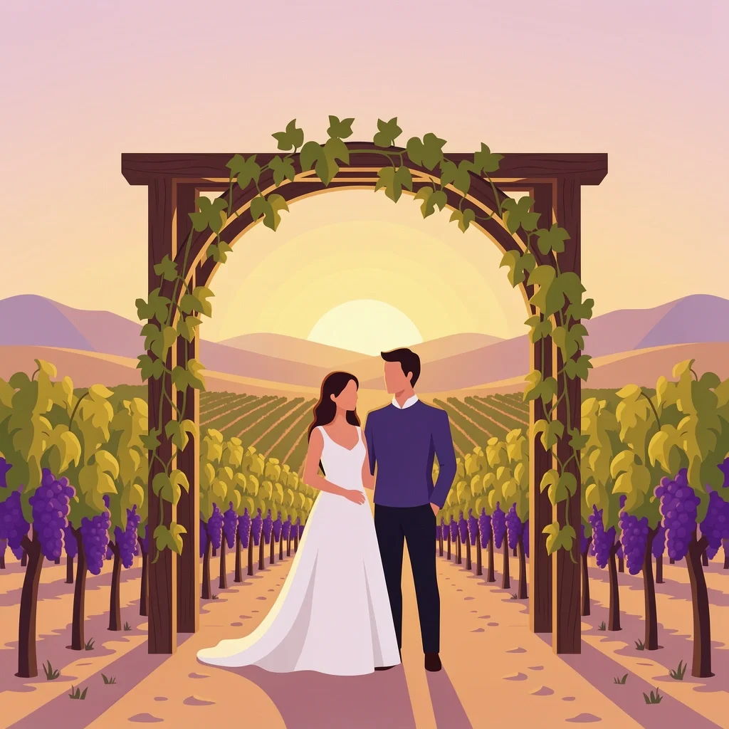 Couple eloping at a Texas hill country vineyard under a wooden arch at sunset