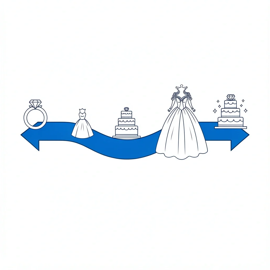 Wedding Historical Evolution Timeline Timeline arrow from simple ring and dress to ornate diamond gown and tiered cake symbolizing wedding history
