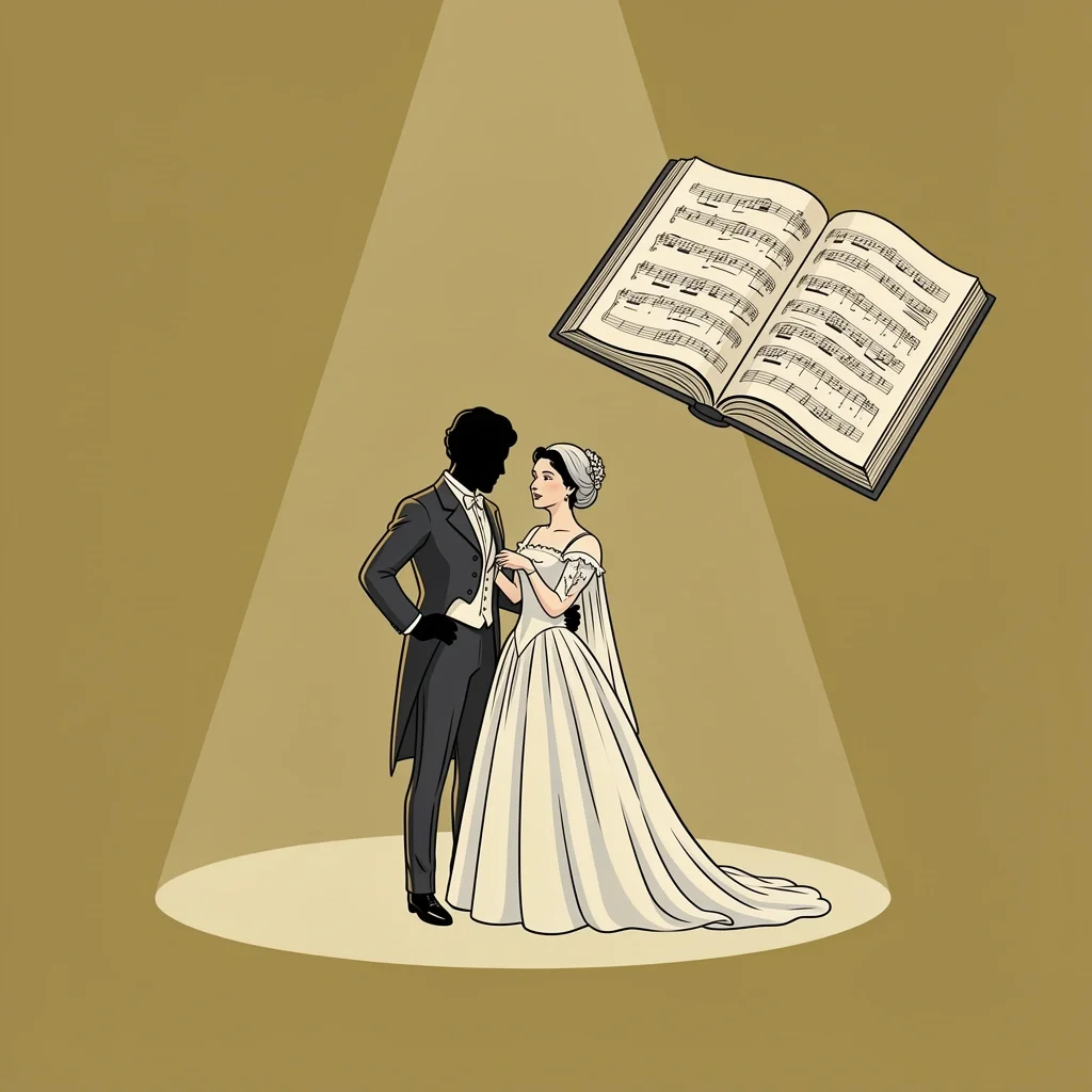 A vintage opera scene with a bride and groom in shadow, representing the origin of the Bridal Chorus.