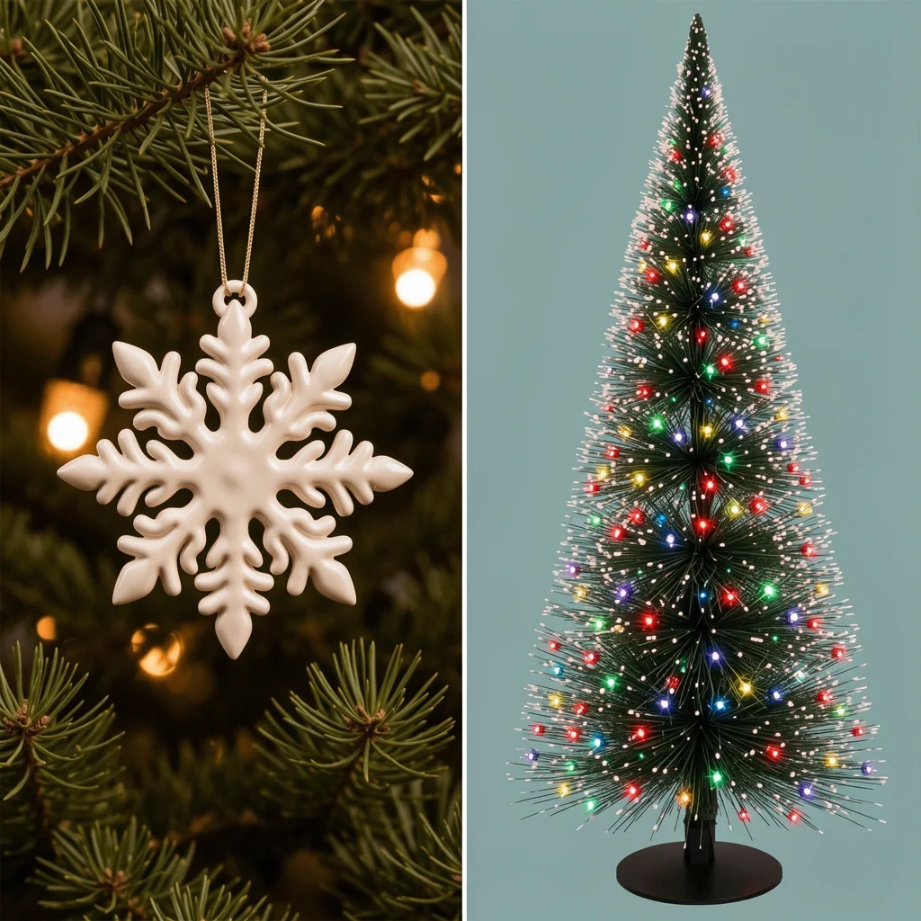 A split scene comparing a classic ceramic snowflake ornament and a trendy light-up bottle brush tree