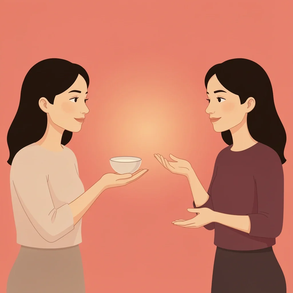 Two women having a calm conversation with open hands and empty bowl symbolizing financial honesty
