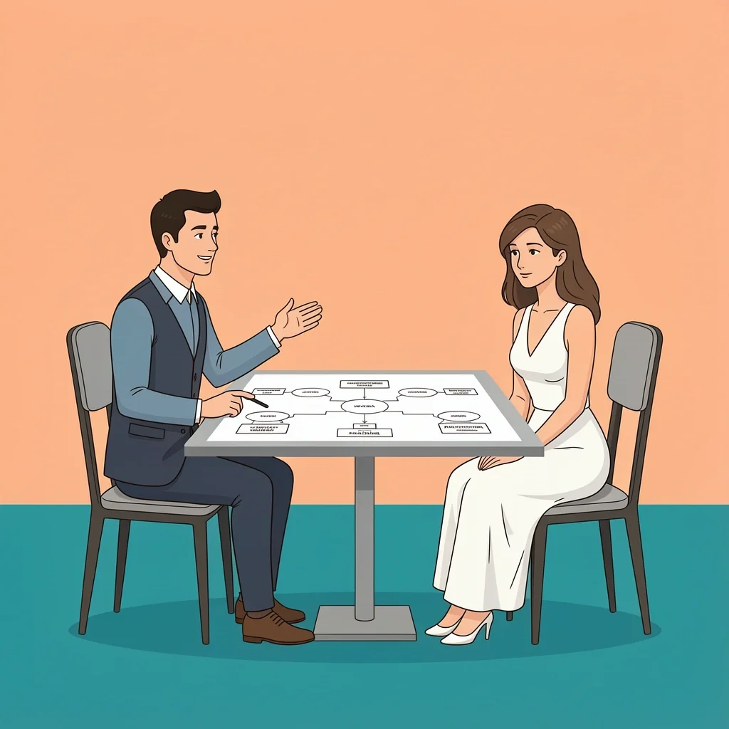 A wedding planner confidently showing a timeline to a couple at a café, explaining their process despite being new to the industry.