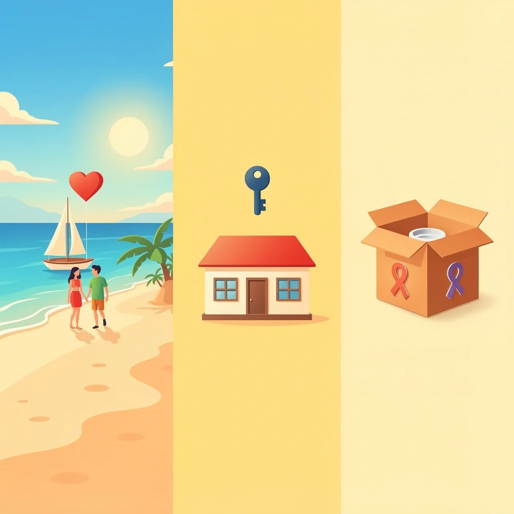 Couple on beach, house, and charity box as alternatives to a wedding registry