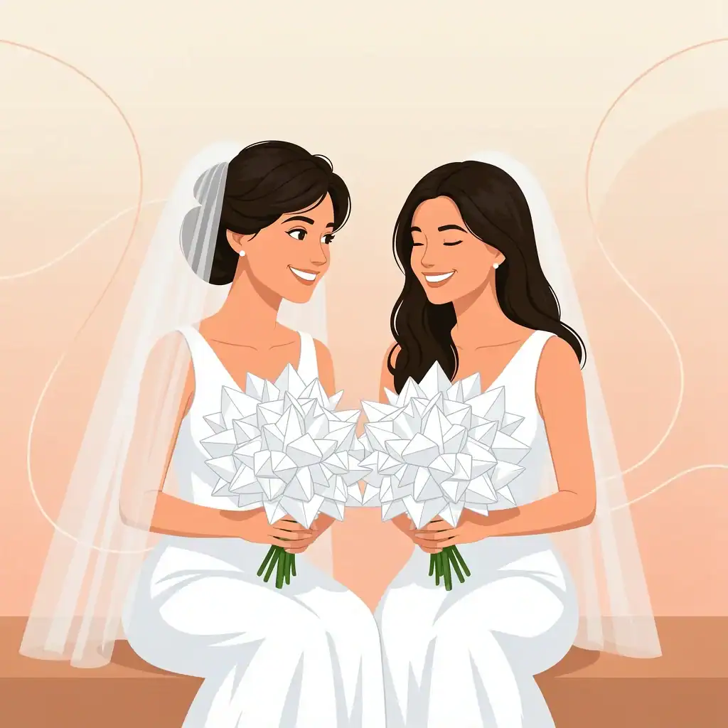 A bride and her honorary bridesmaid sitting together, sharing a warm moment with geometric flowers, representing a modern and stress-free wedding role.