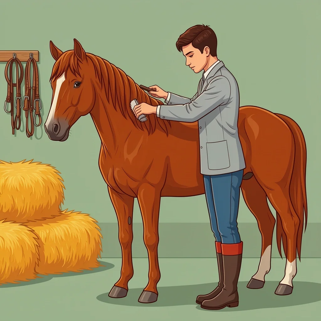 Horse groom brushing a chestnut horse in a clean stable with hay and tack