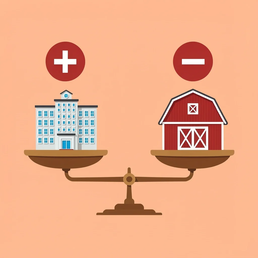 Balanced scale comparing a hotel venue and a dedicated venue with plus and minus symbols