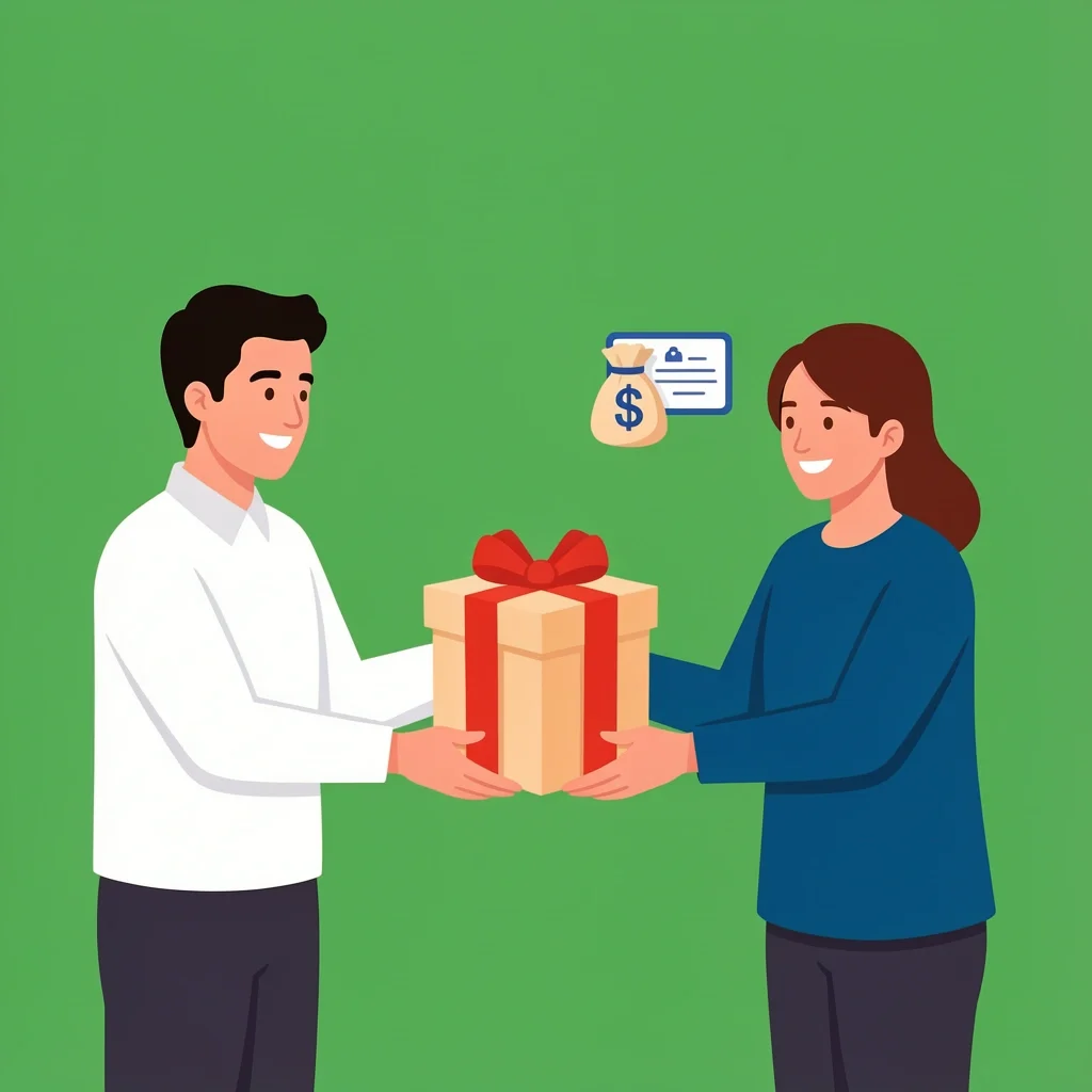 Person handing a gift to a friend officiant with money bag and certificate icons