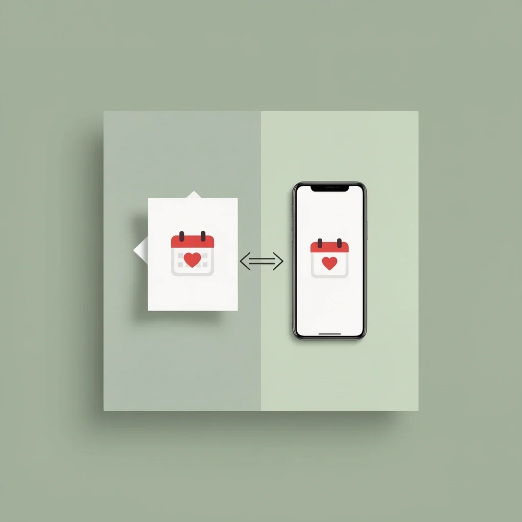 Print and Digital Save the Date Design A central square graphic split into a paper card on left and smartphone screen on right, connected by a double-ended arrow