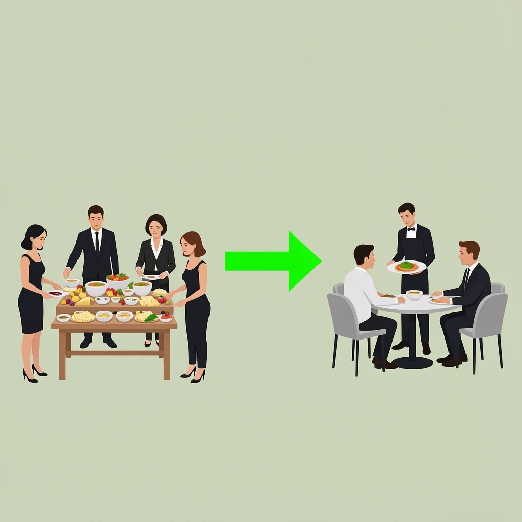 Event space divided into grazing station on left and seated plated entree on right, linked by arrow, representing hybrid menu style