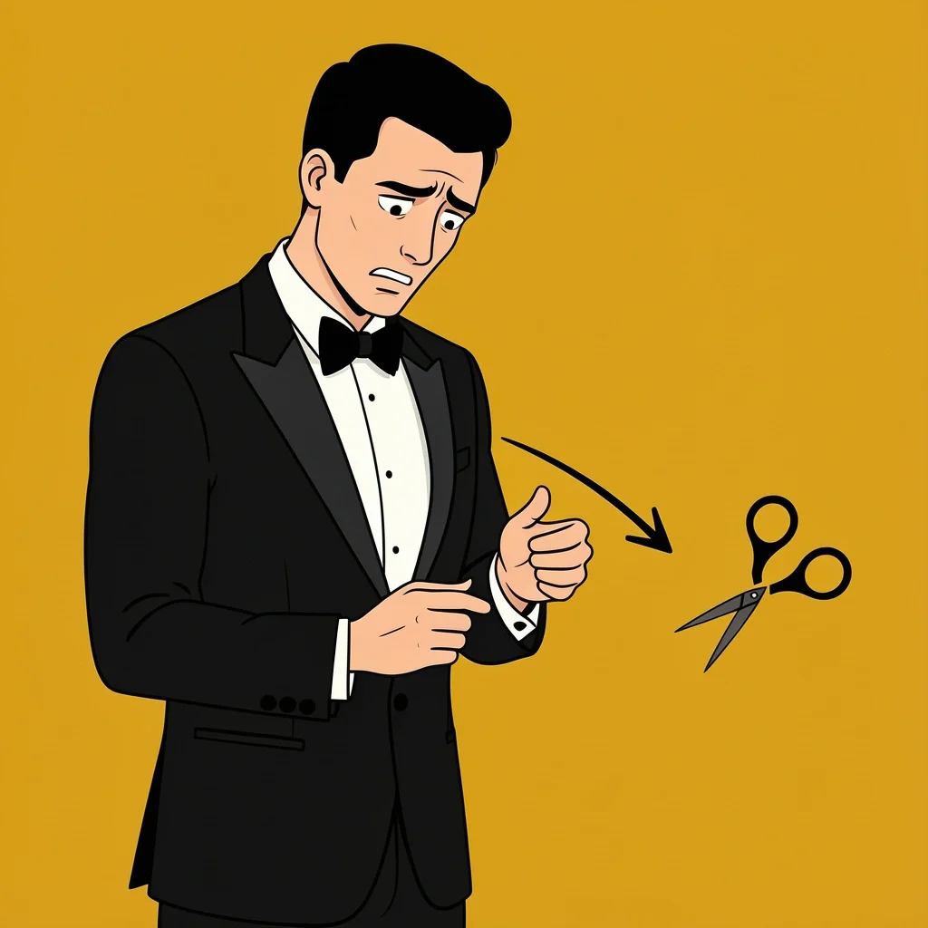 Illustration of a man in an ill-fitting tuxedo with long sleeves, with an arrow pointing to tailor scissors indicating a solution.