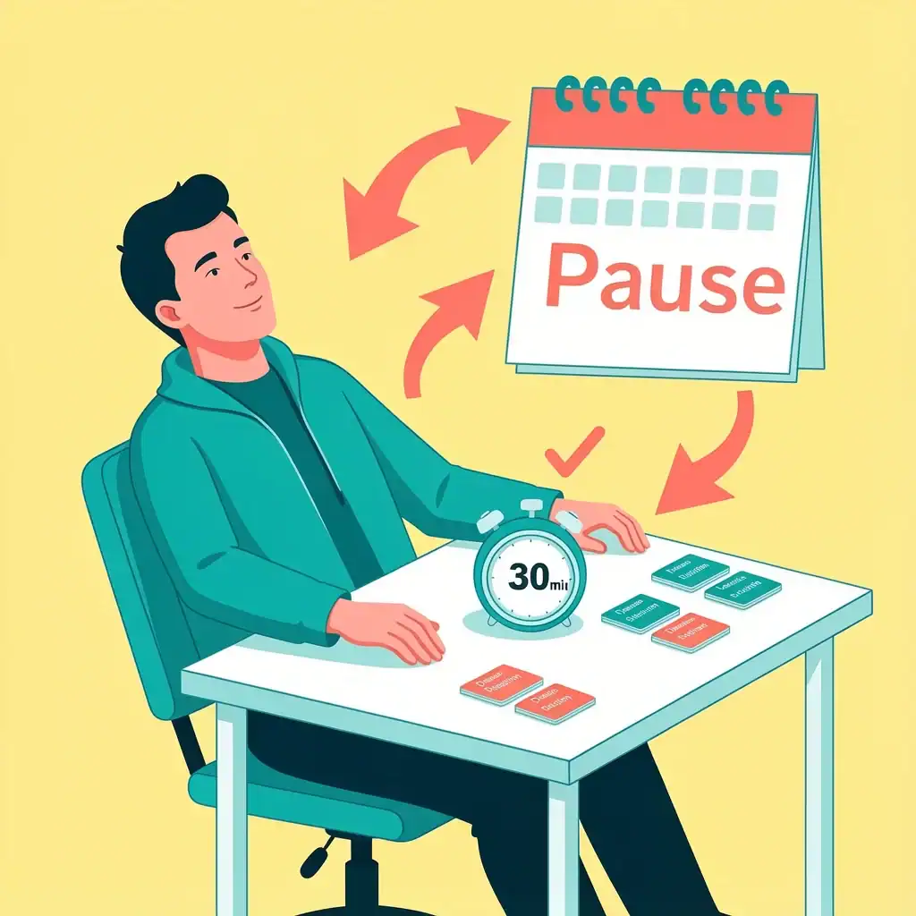 Wedding Planning Immediate Relief A person using a 30-minute timer and grouped decision cards, with a calendar pause symbol, representing immediate stress relief tactics for wedding planning