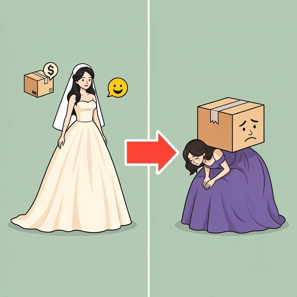 Why Wedding Dress Weight Matters Two brides side by side, one comfortable and one struggling, with icons for shipping and comfort