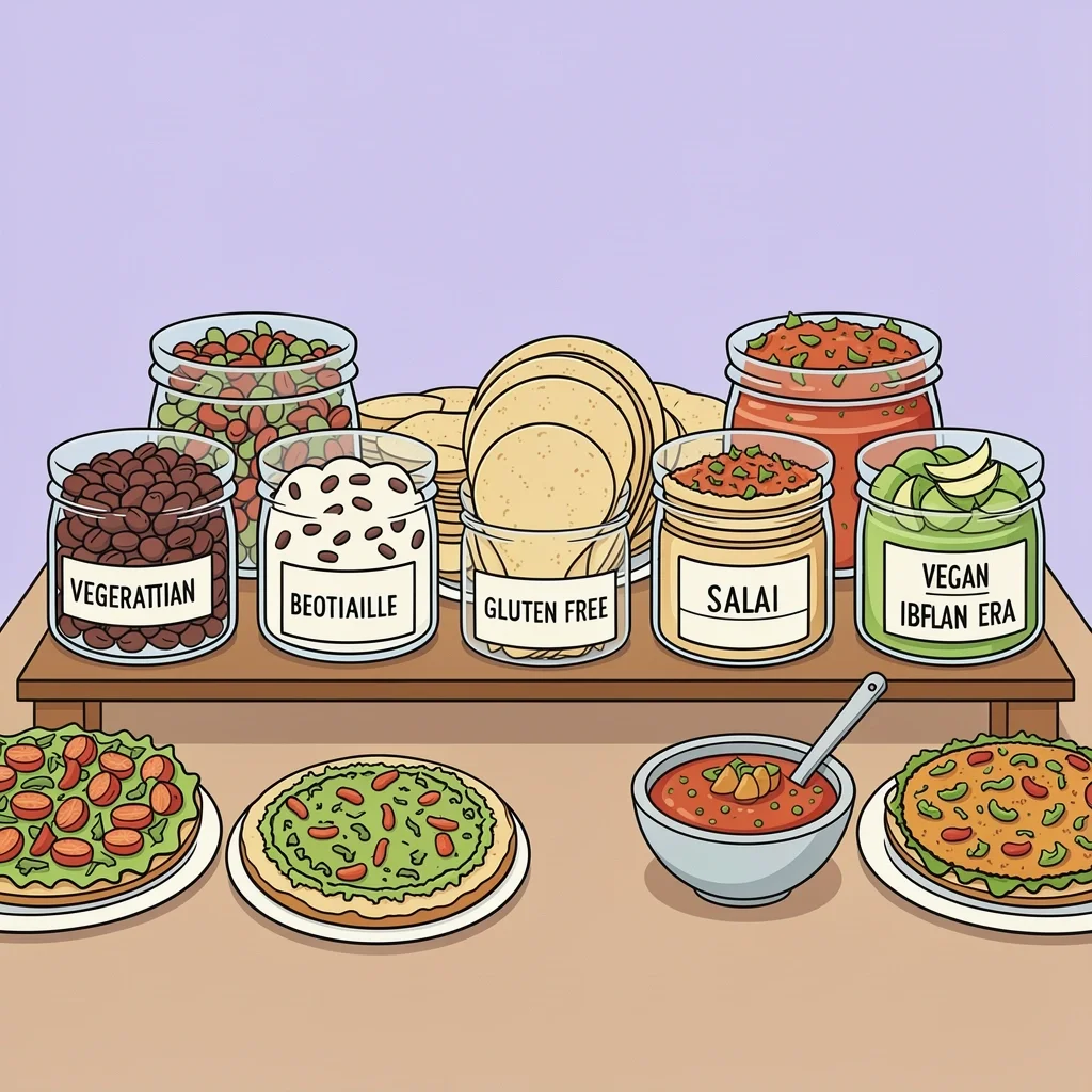 Build-your-own taco station with vegetarian, gluten-free, and vegan options, showing inclusive wedding menu on a budget.