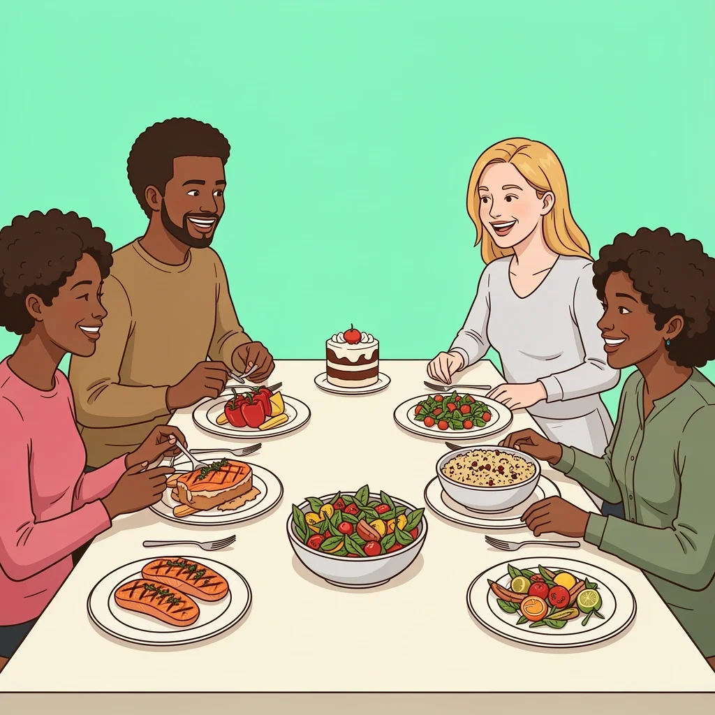 Diverse guests at a wedding table each with a different but equally appetizing dish representing various dietary needs