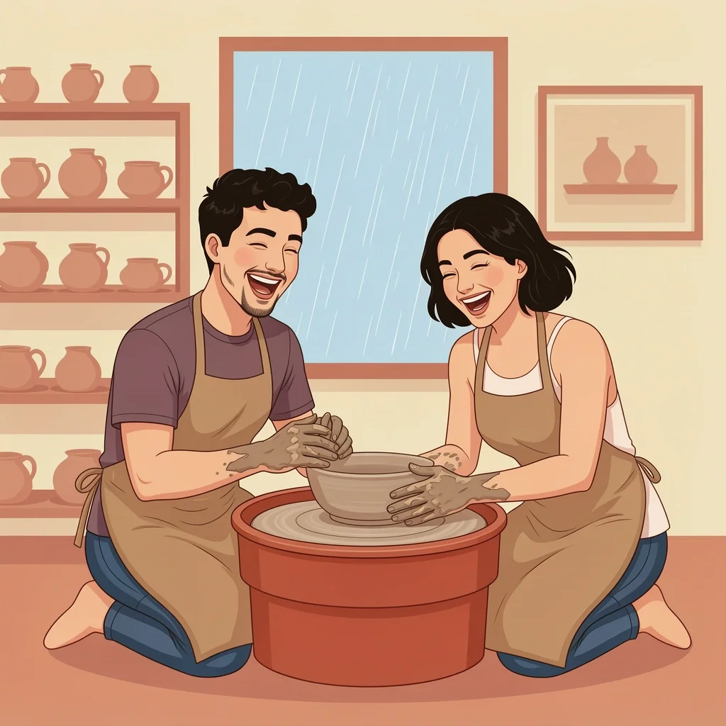 Rainy Day Pottery Date Couple taking a pottery class together on a rainy day, laughing and getting messy with clay