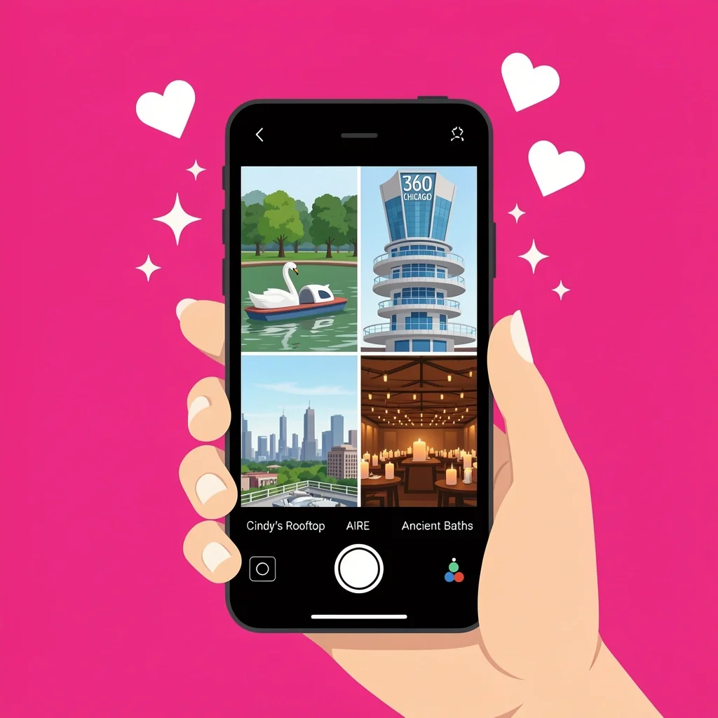 Smartphone showing a collage of Instagrammable Chicago date spots like swan boats and skyline views
