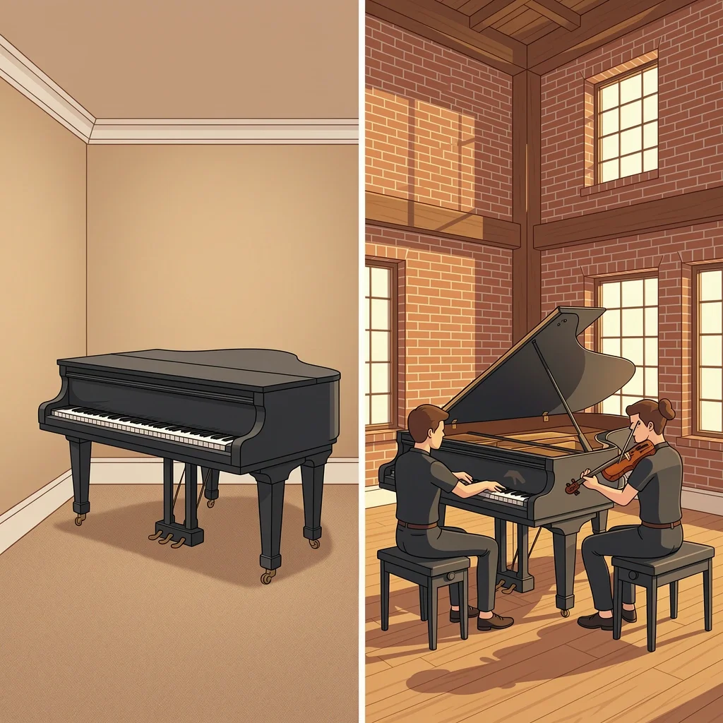 Matching Instruments to Wedding Venue Comparison of solo piano in a carpeted room versus piano and violin duo in a loft with high ceilings