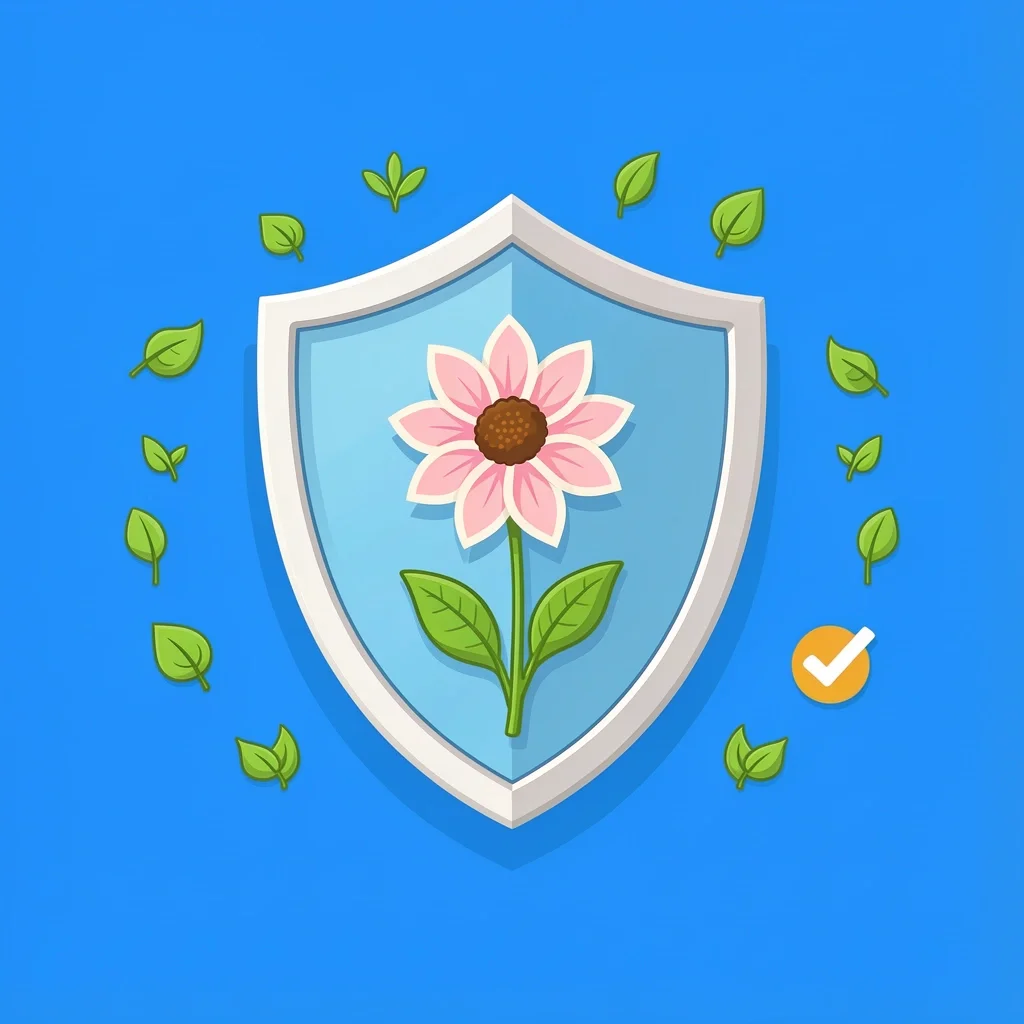 Insurance and Liability Shield Shield with flower inside and leaf icons representing insurance and liability coverage