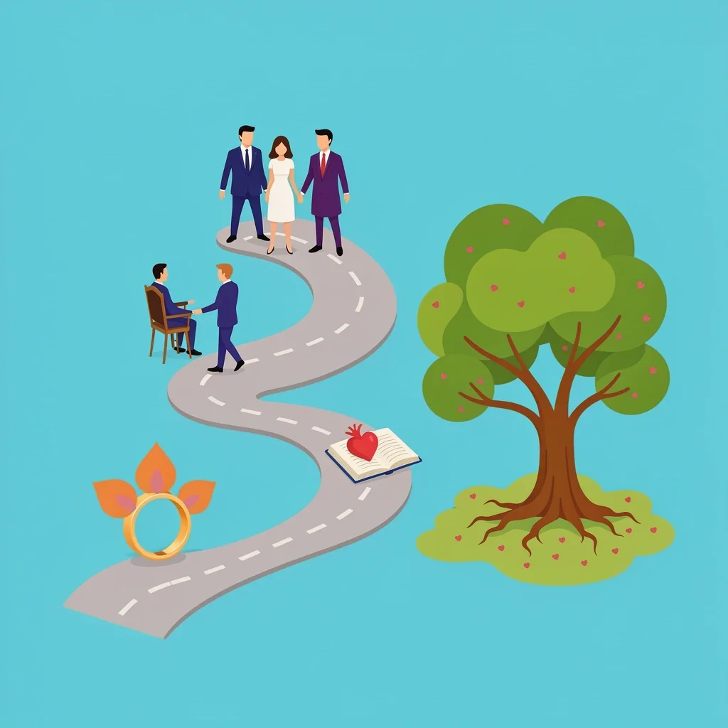 Couple walking on a journey path integrating counseling, devotional, wedding, and first year of marriage