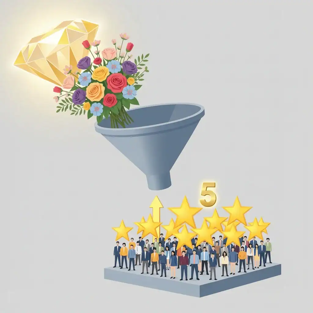 Intensity Per Guest Framework Visual Vector diagram showing investment and emotional resonance flowing through a funnel to a small group of guests, each receiving a large star.