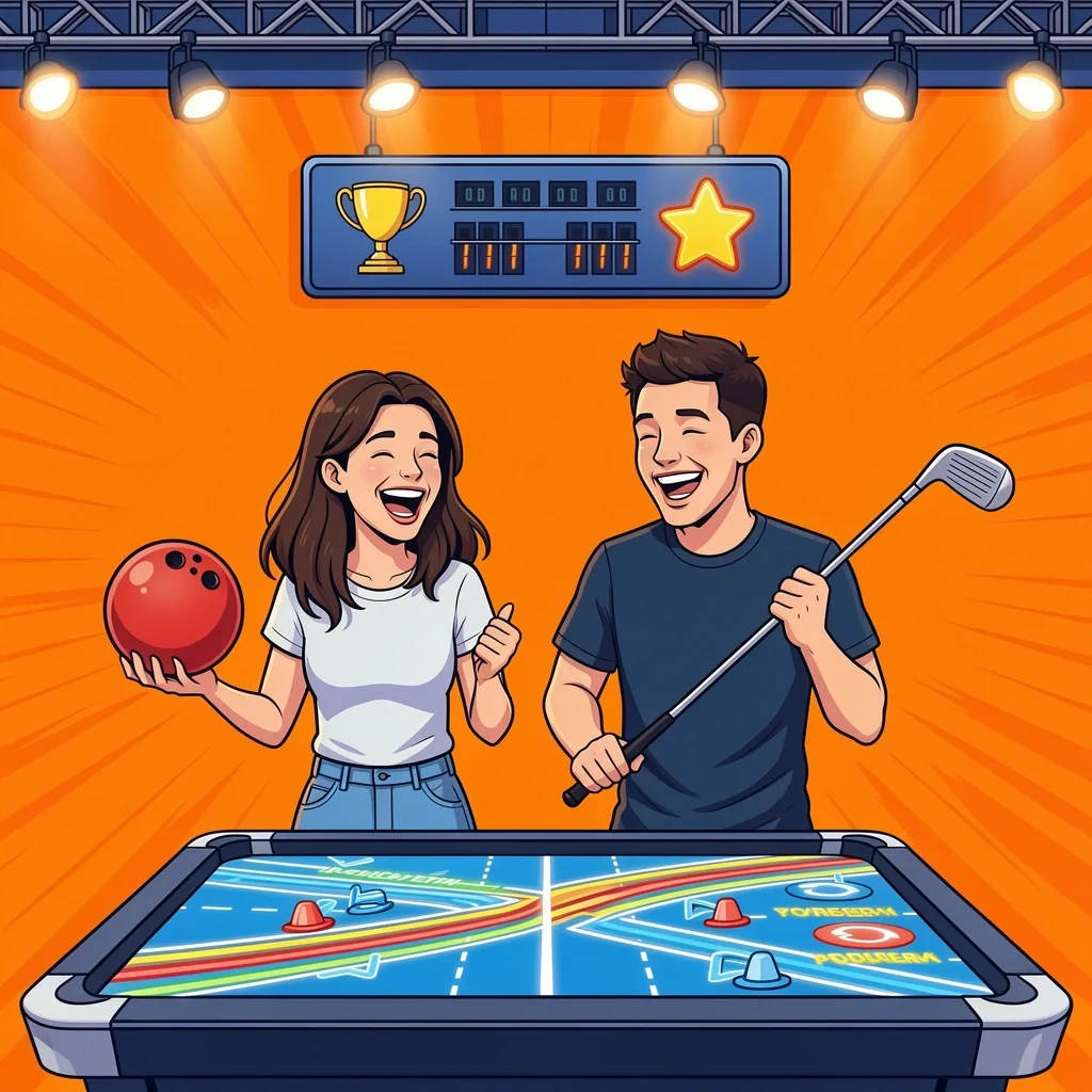 Couple enjoying interactive sports games like racing, bowling, and golf in a colorful arcade setting
