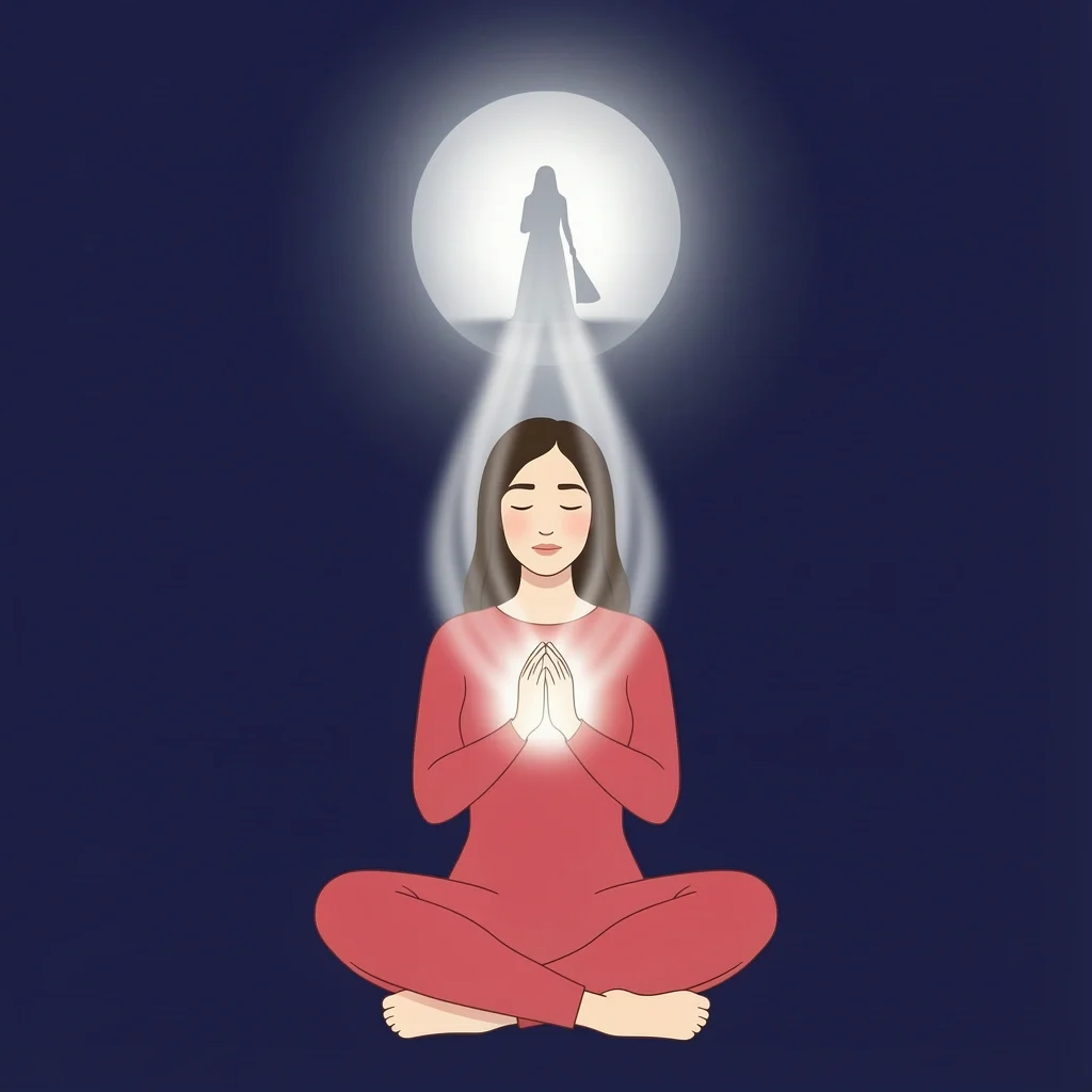 Woman praying silently with light from heart reaching bride silhouette symbolizing unseen intercession