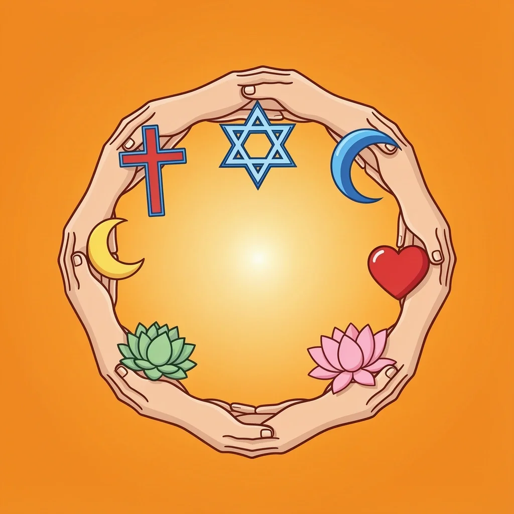 Interfaith Wedding Prayer Symbols Circle of hands holding religious symbols cross star crescent lotus heart unity
