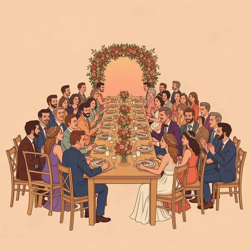 Illustration of a cozy 40 person wedding with a long farm table and guests in warm sunset tones