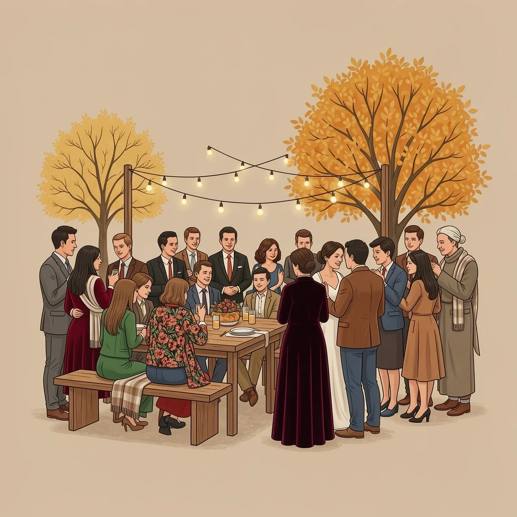 Intimate fall wedding with guests gathered under string lights and warm textures