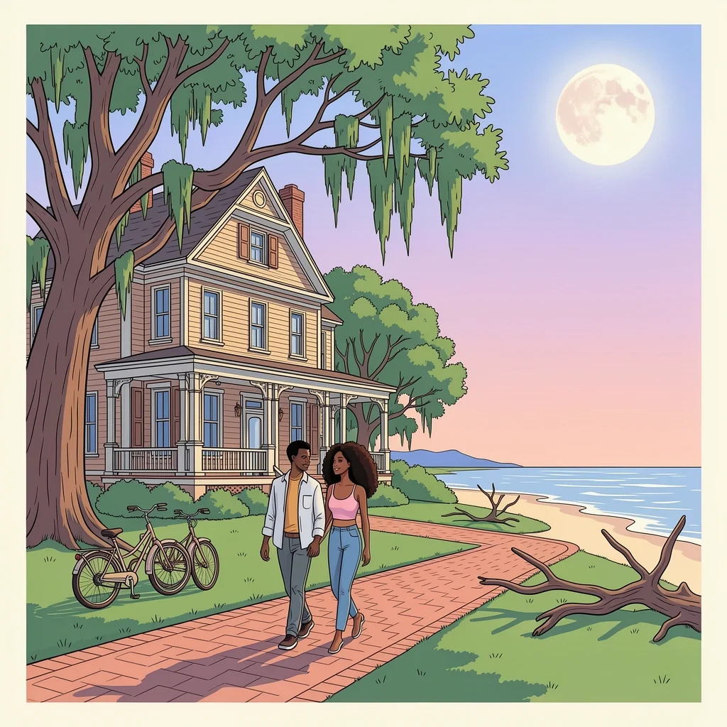 Historic Victorian mansion and driftwood beach on Jekyll Island with couple walking