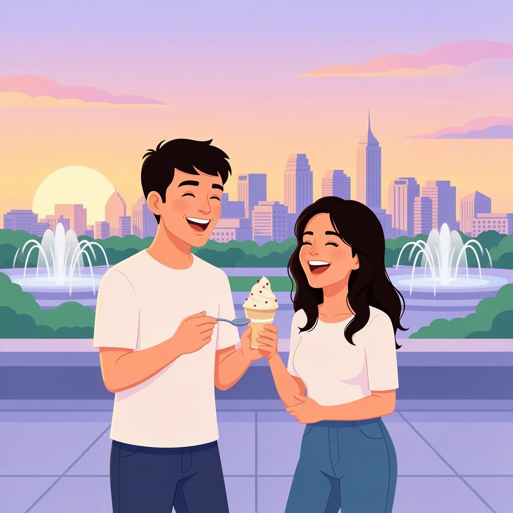 Couple enjoying sunset date on rooftop overlooking Kansas City skyline with gelato