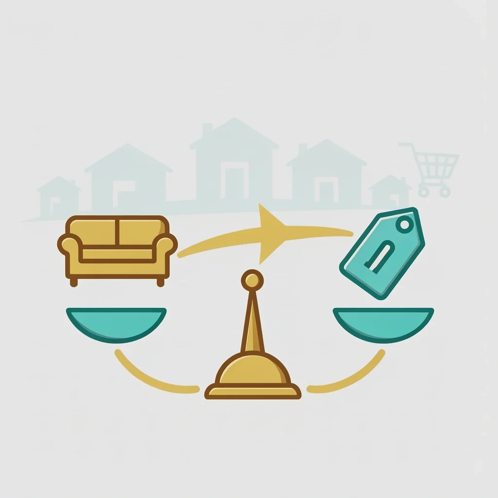 Retailer Comparison Scale balancing furniture icon and price tag symbolizing comparison
