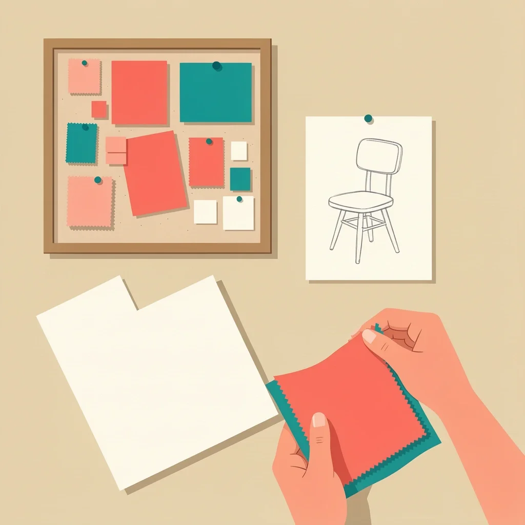 Brand Background and Curation Designer workspace with mood board and fabric swatches