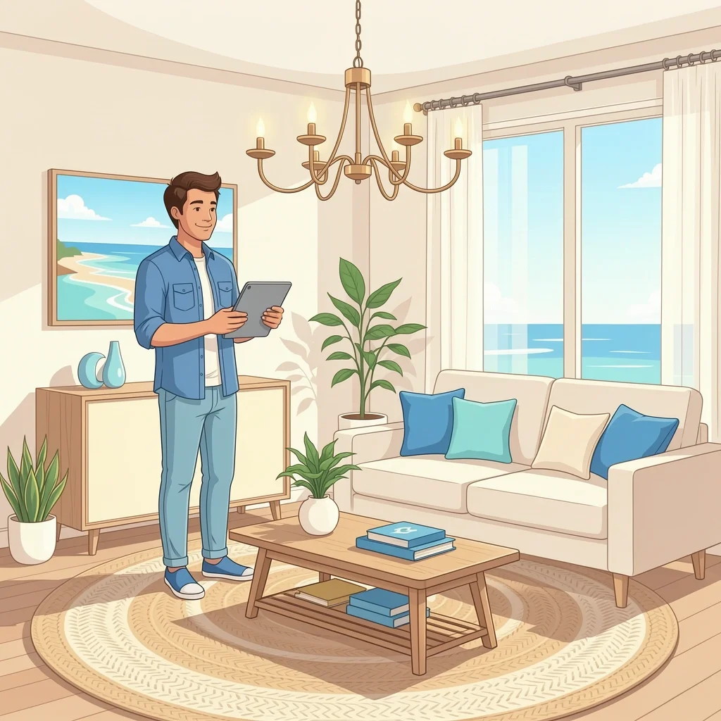 Person holding tablet in stylish coastal living room with sofa and decor