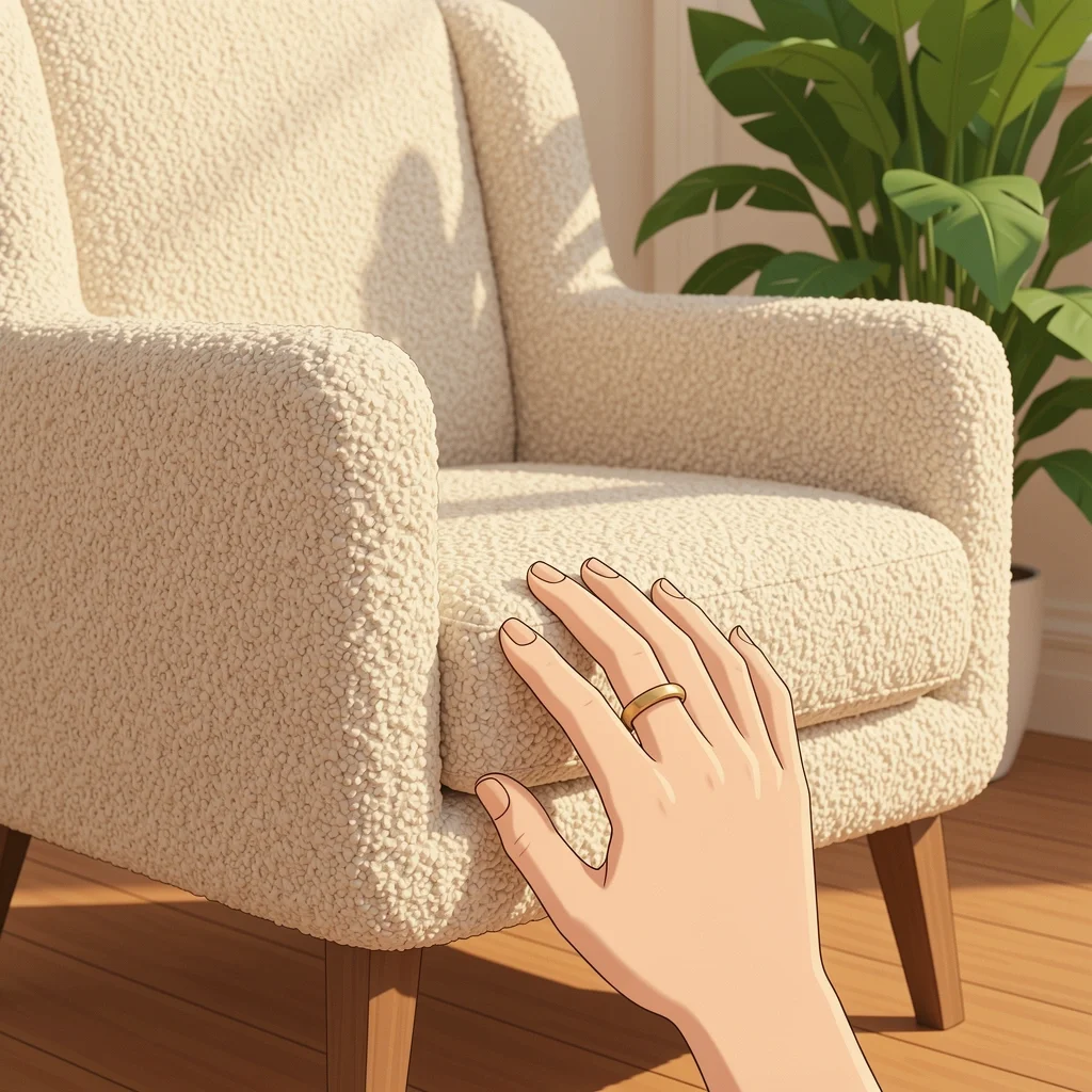 Product Quality and Material Person touching boucle fabric armchair to show texture and quality