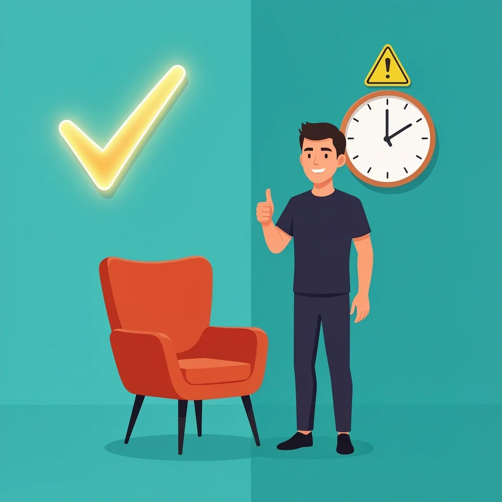 Buying Recommendation Person giving thumbs up next to stylish chair with checkmark and clock icons