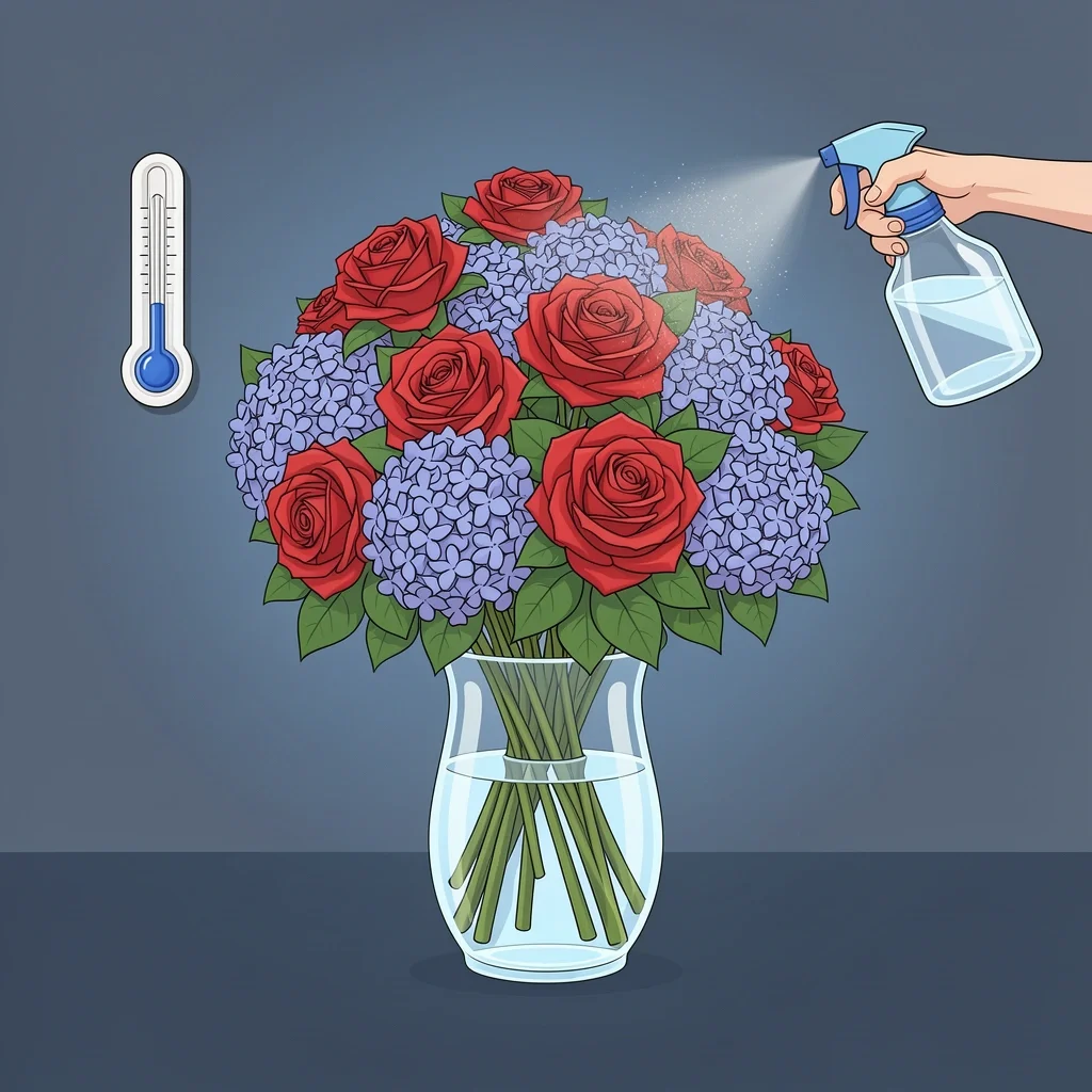 Wedding bouquet in a vase of water being misted, stored in a cool dark room