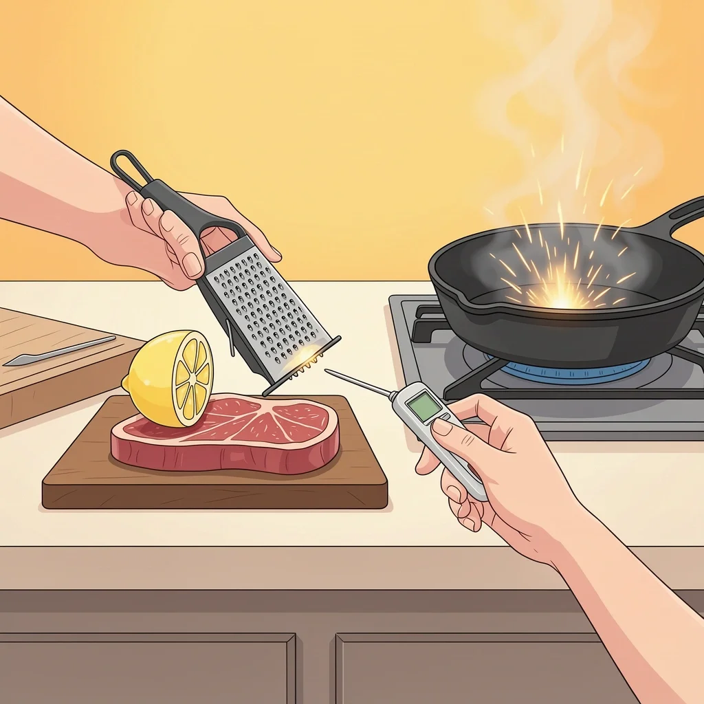 Kitchen Time Saving Tools Kitchen tools including a microplane zester, digital meat thermometer, and cast iron skillet saving time every day
