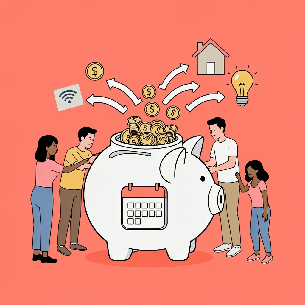 Multiple people contributing to a shared piggy bank jar that pays bills represented by icons