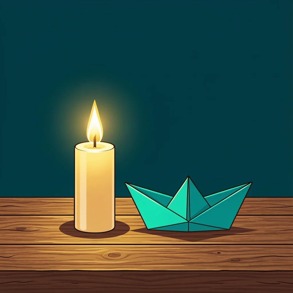 A lit candle and an origami boat on a table, symbolizing the lasting memory and acknowledgment needed in gifts after baby loss.