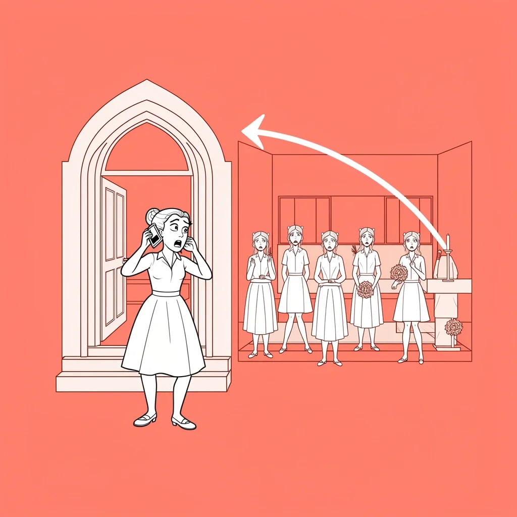Late Bridal Party Emergency Steps Bridesmaid on phone outside church while wedding party waits inside