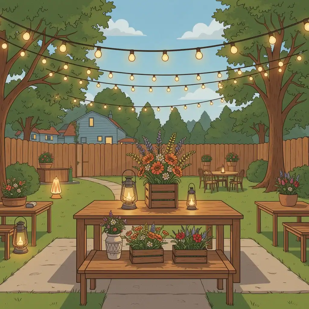 Backyard wedding decor with layered string lights, lanterns, and table centerpieces featuring rustic, minimalist, and bohemian styles