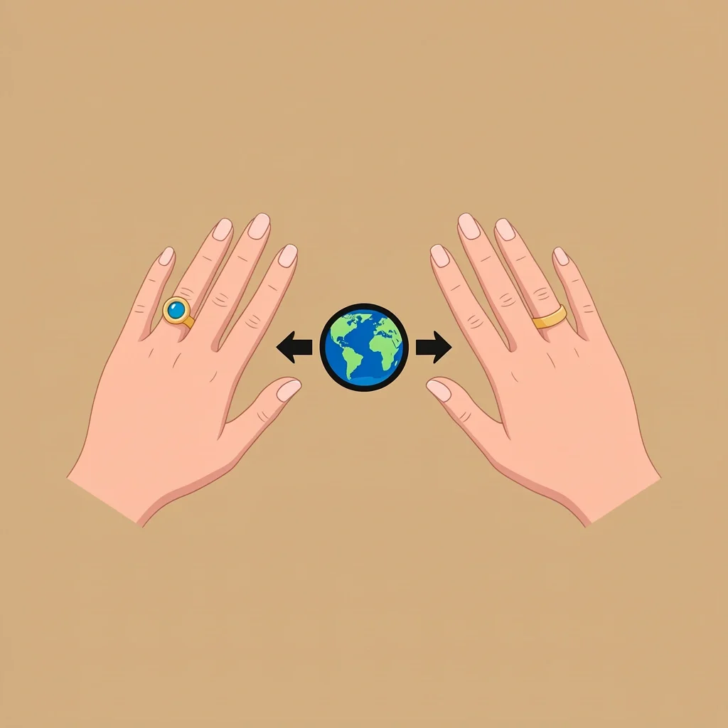 Wedding Ring Finger Choice Two hands wearing rings on left and right ring fingers with a globe and arrows icon.