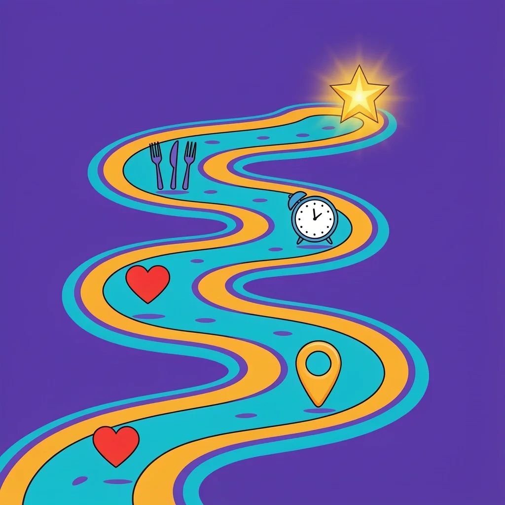 Lessons from 2024 to 2025 Vector illustration of a winding path with icons for guest experience, timing, authenticity, and regional destinations leading to a star