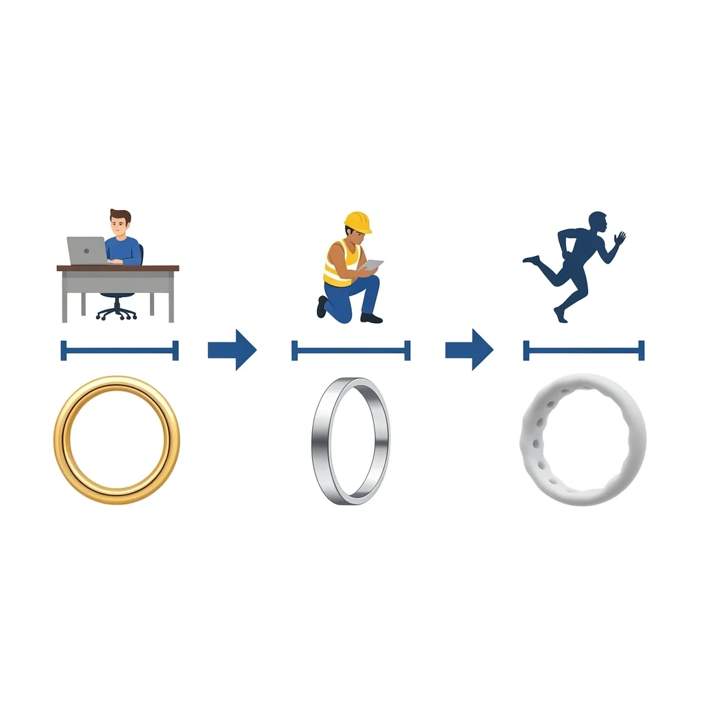 Lifestyle to Ring Material Match Grid showing desk worker with gold, construction worker with platinum, athlete with silicone ring icons.